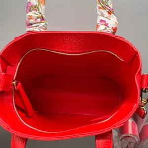 Red Pebbled Leather Tote Bag with Floral Scarf‎ Top Handle Detachable Strap thumbnail 4