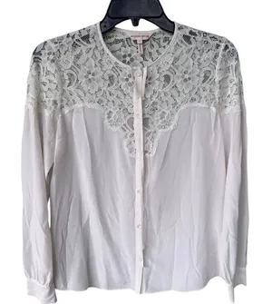 Rebecca Taylor Women's Long Sleeve Silk and Lace Top in white 2 thumbnail 1