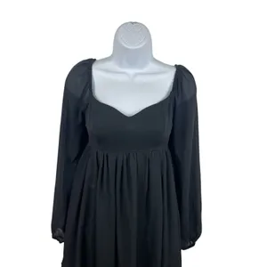 Abercrombie & Fitch Black Smocked Babydoll Mini Dress XS Sheer Sleeve Coquette thumbnail 2