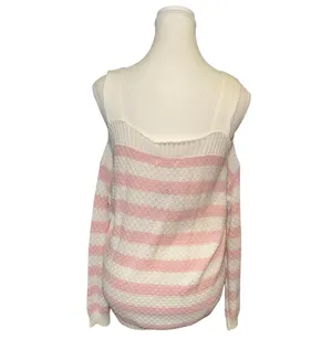 Pink & white stripe cold shoulder knit sweater thumbnail 3