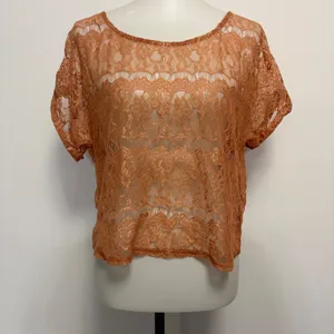 XXI Lace Top Large Orange Sheer Floral Scalloped Eyelash Trim Short Sleeve Y2K thumbnail 2
