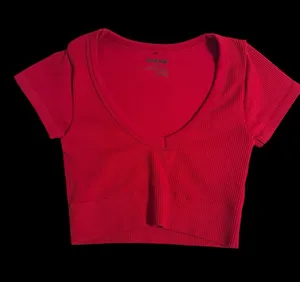 Garage Red Ribbed V-Neck Short Sleeve Crop Top thumbnail 1
