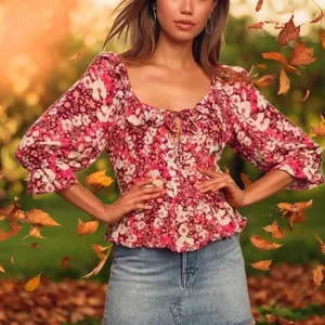 Free‎ People Womens Blouse Size S Sweet Memories 3/4 Sleeve Orange & Pink Floral thumbnail 1