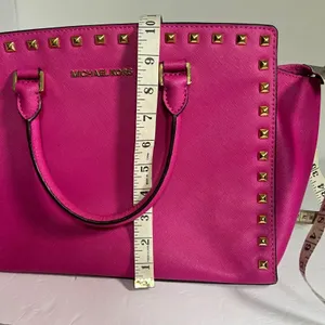 Michael Kors Selma Satchel Women Medium Magenta Pink Studded Saffiano Leather thumbnail 15