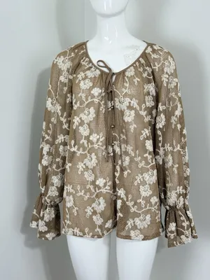 Y2k Sheer Mesh Floral Blouse Long Sleeve Embroidered Women XL Floral Cottagecore thumbnail 1