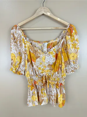 Cato Floral Milkmaid Top L Cottagecore Smocked Puff Sleeve Boho 70s Festival thumbnail 8