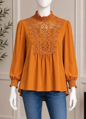 Xhilaration Womens Blouse Mustard Yellow Crochet Lace Bib Boho High Neck Large thumbnail 1