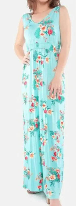 OLIVE & OAK LULUS Sleeveless Floral Maxi Dress Aqua Blue Pink Tropical Hawaiian thumbnail 1