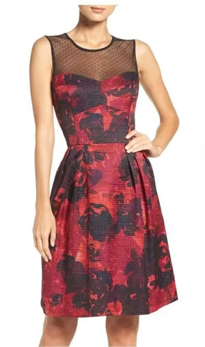 Modcloth Symphony Stunner Dress Maggy London Fit Flare Black Red Floral Mesh 14 thumbnail 1