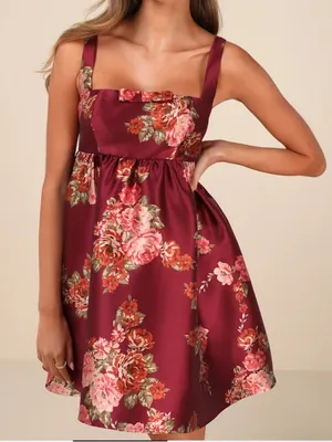 Lulu’s Unbelievably Lovely Red Floral Babydoll Empire Waist Mini Dress NWT XL thumbnail 1
