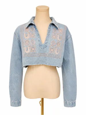Theory Cropped Embroidered Lightweight Denim Shirt Light Wash Size Medium thumbnail 1