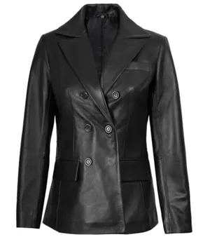 Women's Double Breasted‎ Style Black Leather Jacket BlazerMetro Witchy Size undefined thumbnail 1