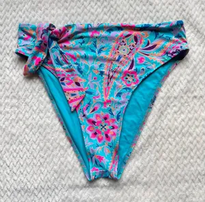 Frankie's Bikinis Scarf Bikini Bottom L Side Tie Blue Multicolor Paisley Hi Leg thumbnail 1