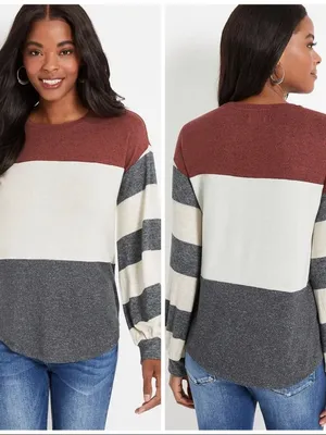 Maurices White Maroon Gray Colorblock Long Sleeve Cozy Tee Shirt thumbnail 2
