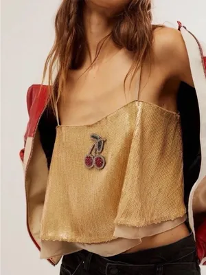 Free People NWOT Fruit Punch Sequin Beaded Cherry Appliqué Boho Boxy Crop Top thumbnail 1
