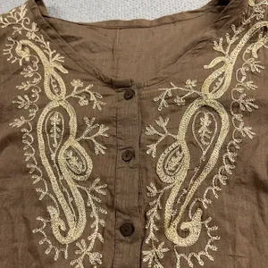 Burette Club Brown Embriodered Neckline & Sleeve Cottagecore Boho Button Blouse thumbnail 2