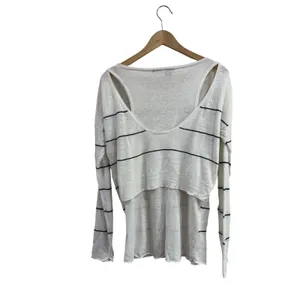 360 Sweater Womens Large White Black Striped 100% Linen Open Back‎ Knit Top thumbnail 2