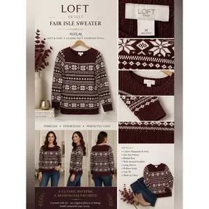 Loft Sweater Womens Size M Burgundy Fair Isle Long Sleeve Pullover Snowflake thumbnail 8