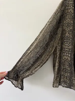 Zara Green Tan Python Snake Print Open Front Tassel Embroidered Blouse Large thumbnail 2