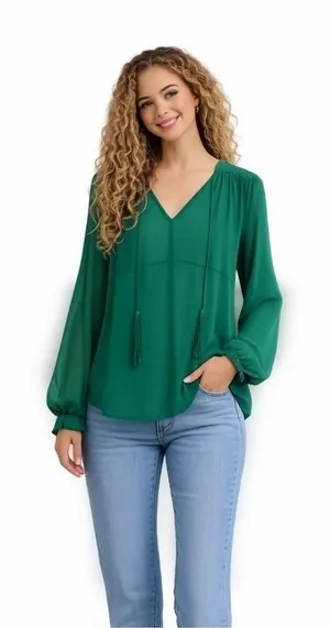 Line & Dot Green Blouse V-Neck Ruffle Sleeve Tassel‎ Tie Sheer XS thumbnail 1