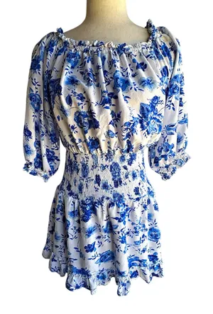 Main Strip White Mini Dress with Blue Floral Print thumbnail 1