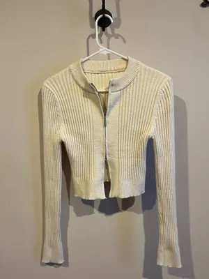 Ribbed Zipper Cardigan White Size M thumbnail 3