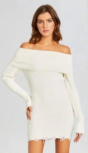 Ser.o.ya | Everleigh‎ Distressed Knit Off-Shoulder Mini Dress in Winter White thumbnail 1