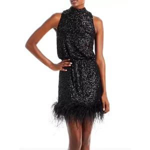 Eliza J Sequined Feather Hem Mini Dress Party Glam Mockneck Cocktail US 8 NWT thumbnail 13