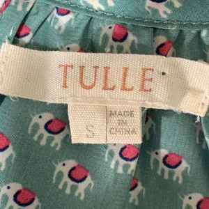 Tulle Elephant Print Blouse Women Small‎ Teal Green Tie Neck Shoulder Cutout Top thumbnail 2