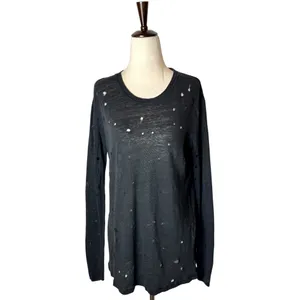IRO Shirt Women‎ XS Black Linen Marvina Distressed Long Sleeve Tee Grunge Punk thumbnail 3