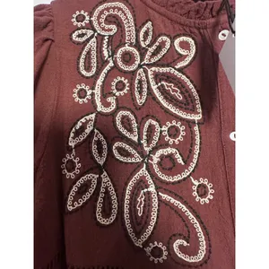 Zara Burgundy Embroidered Cotton Blouse Ruffle Neck Boho Top L 7200/228/681 thumbnail 5