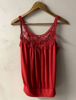 Red Crochet Neckline Top Size M EUC Size M thumbnail 1