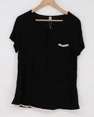 Cheibear Pajama Set Womens M Black Pom Pom Trim Short Sleeve Crop Pant NEW thumbnail 1