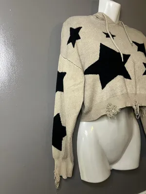Social Collision Sweater Womens Sm/Med Beige Star Hooded Distressed Cropped thumbnail 3