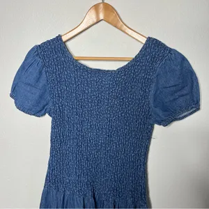 Vintage 90s Smocked Puff Sleeve Drop Waist Pleated Denim Maxi Dress thumbnail 7