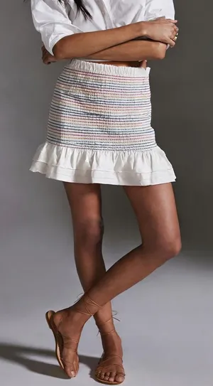DO+BE White Smocked Mini Skirt with Multicolor Stripe Detail Sz S thumbnail 1