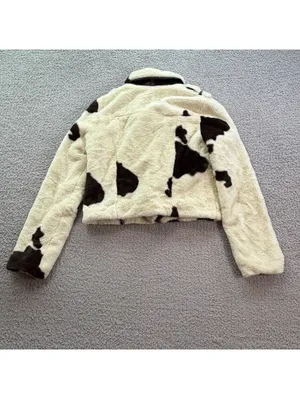 Forever 21 Womens Cow Print Faux Fur Cropped Moto Jacket Biker Zip Cream Brown S thumbnail 2