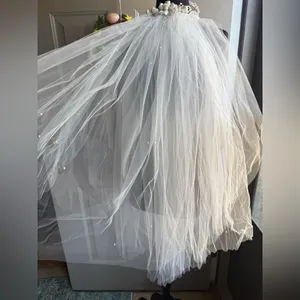 Vintage 90s rose floral crown pearl tulle layered wedding bridal veil thumbnail 3
