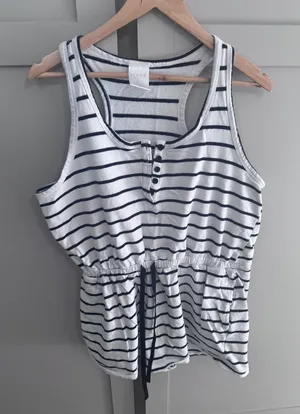 Serra Womens Striped Romper Large White and black Cotton Henley Racerback Lounge thumbnail 1