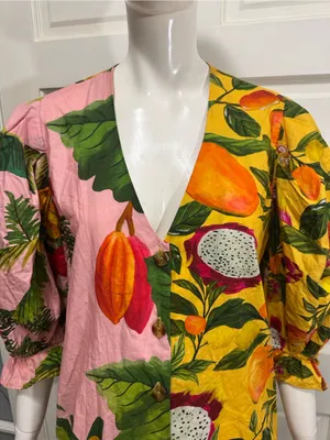 Farm Rio 100% Cotton Tropical Fruit Print V-Neck Mini Dress - Pink Yellow Sz XS thumbnail 13