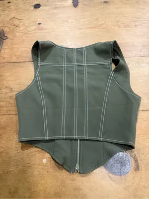 White Fox Olive Green Contrast Stitch Zip Front Corset Crop Top Size Small thumbnail 3
