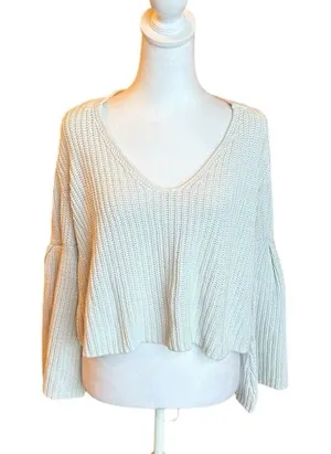 Free People Damsel Boxy Cream Chunky Knit Sweater Bell Sleeve Womens Small thumbnail 1