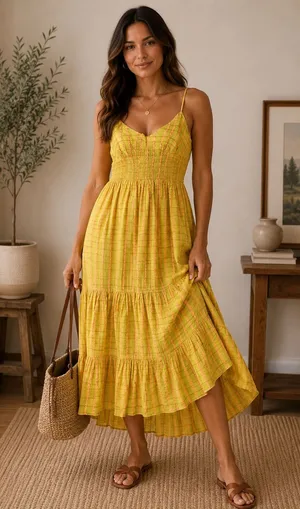 Free People Boho Sun Valley Midi Summer Dress Gauze Plaid Tiered OB1722085 XS‎ thumbnail 1