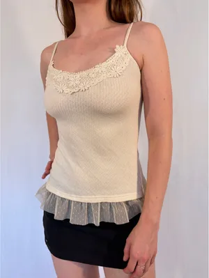 Cream White Dainty Floral Embroidered Tulle Cami Vintage Top thumbnail 4