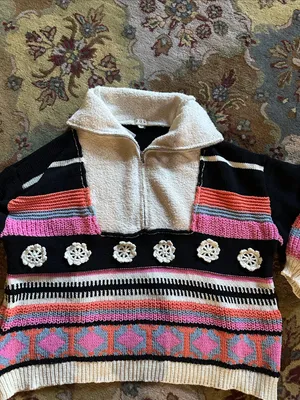 Cozy Colorblock 1/2 Zip-Front Black& Cream w/Pink,Blue & Orange Crochet Sweater thumbnail 5