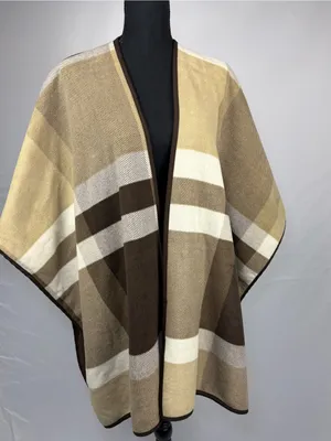 Plaid Open-Front Cape in Cream, Beige and Brown thumbnail 2