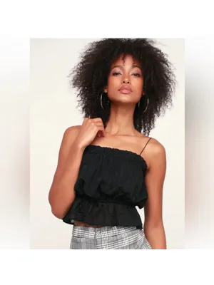 Lulu’s Ruffle Black Peplum Sleeveless Spaghetti Straps Tank Top Size Small NWT‎ thumbnail 2
