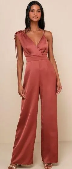Lulu’s Look of Luxe Rusty Rose Satin Asymmetrical Wide-Leg Jumpsuit size XS thumbnail 1
