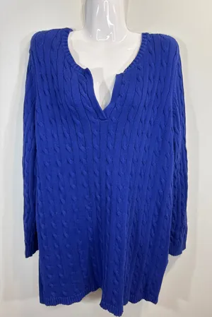 Lauren Ralph Lauren Royal Blue Cable Knit‎ V Neck Tunic Sweater Women's Size XL thumbnail 1