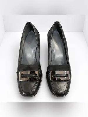 Vintage 90s Calvin Klein Black Leather Square Toe Loafer Pumps Y2K Block Heels thumbnail 3